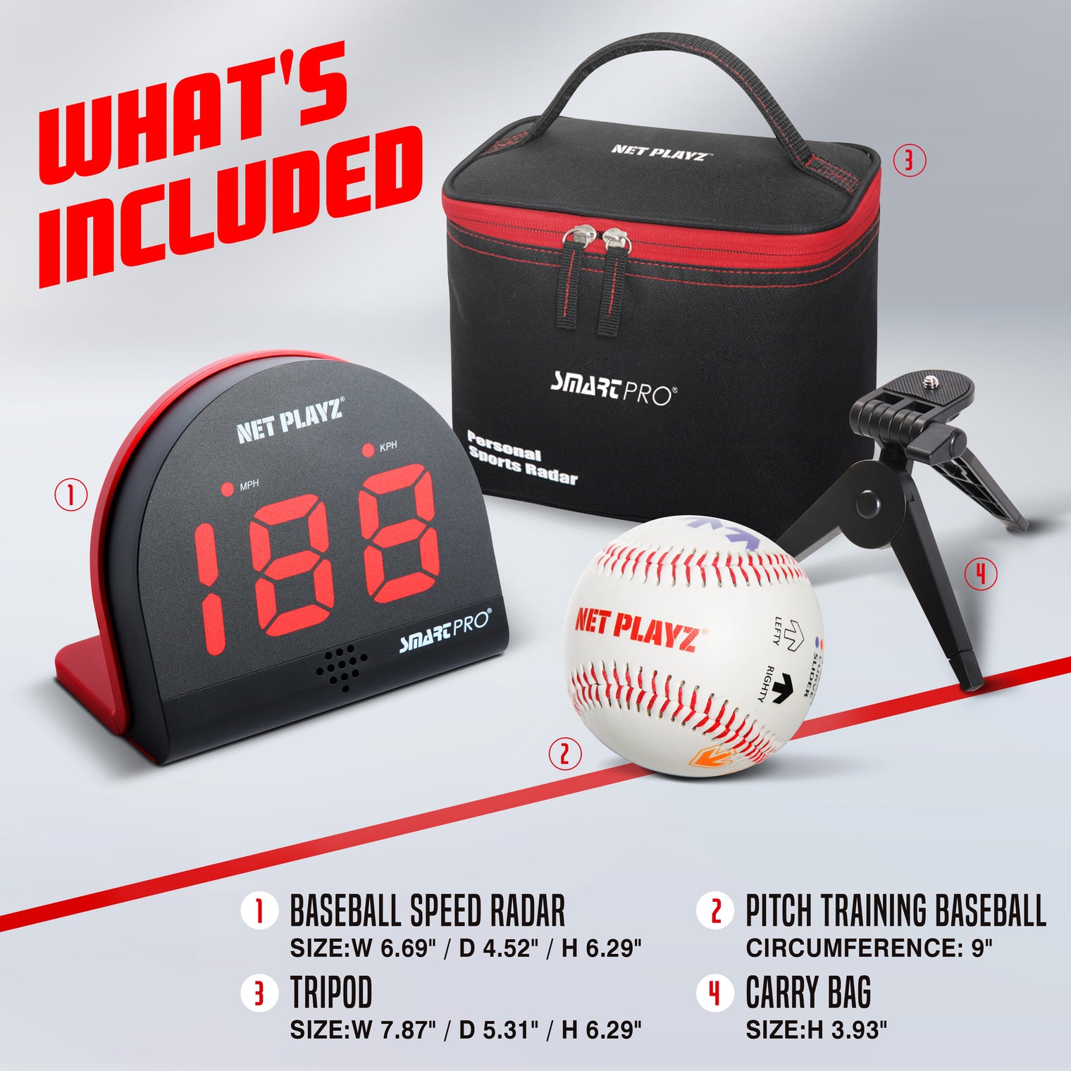 SMART PRO SPEED RADAR | WITH BASEBALL product inclusions image, NET PLAYZ, NetPlayz, Sports Equipment Supplier, Sports Training Equipment Supplier, sports equipment manufacturers, United States Of America, USA, Canada, Europe, Africa, baseball training equipment, baseball training stuff, batting practice equipment, baseball batting practice equipment, batting practice devices, hitting practice equipment, baseball training aids, baseball practice equipment, baseball training tools, baseball coaching supplies