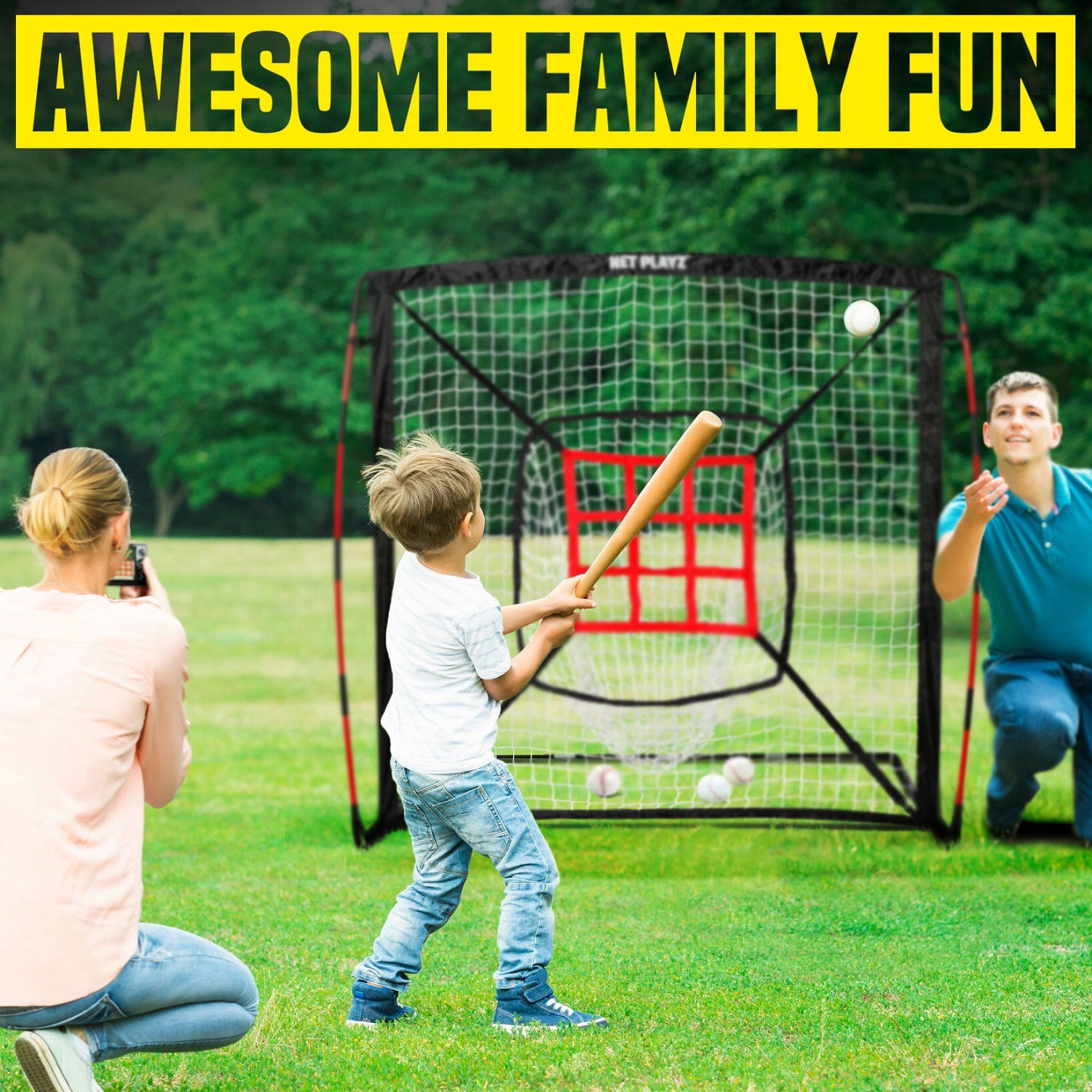 5FT POP-UP HITTING NET | EASY PLAYZ MINI family lifestyle image, BASEBALL Equipment, NET PLAYZ, NetPlayz, Sports Equipment Supplier, Sports Training Equipment Supplier, sports equipment manufacturers, United States Of America, USA, Canada, Europe, Africa, baseball training equipment, baseball training stuff, batting practice equipment, baseball batting practice equipment, batting practice devices, hitting practice equipment, baseball training aids, baseball practice equipment, baseball training tools